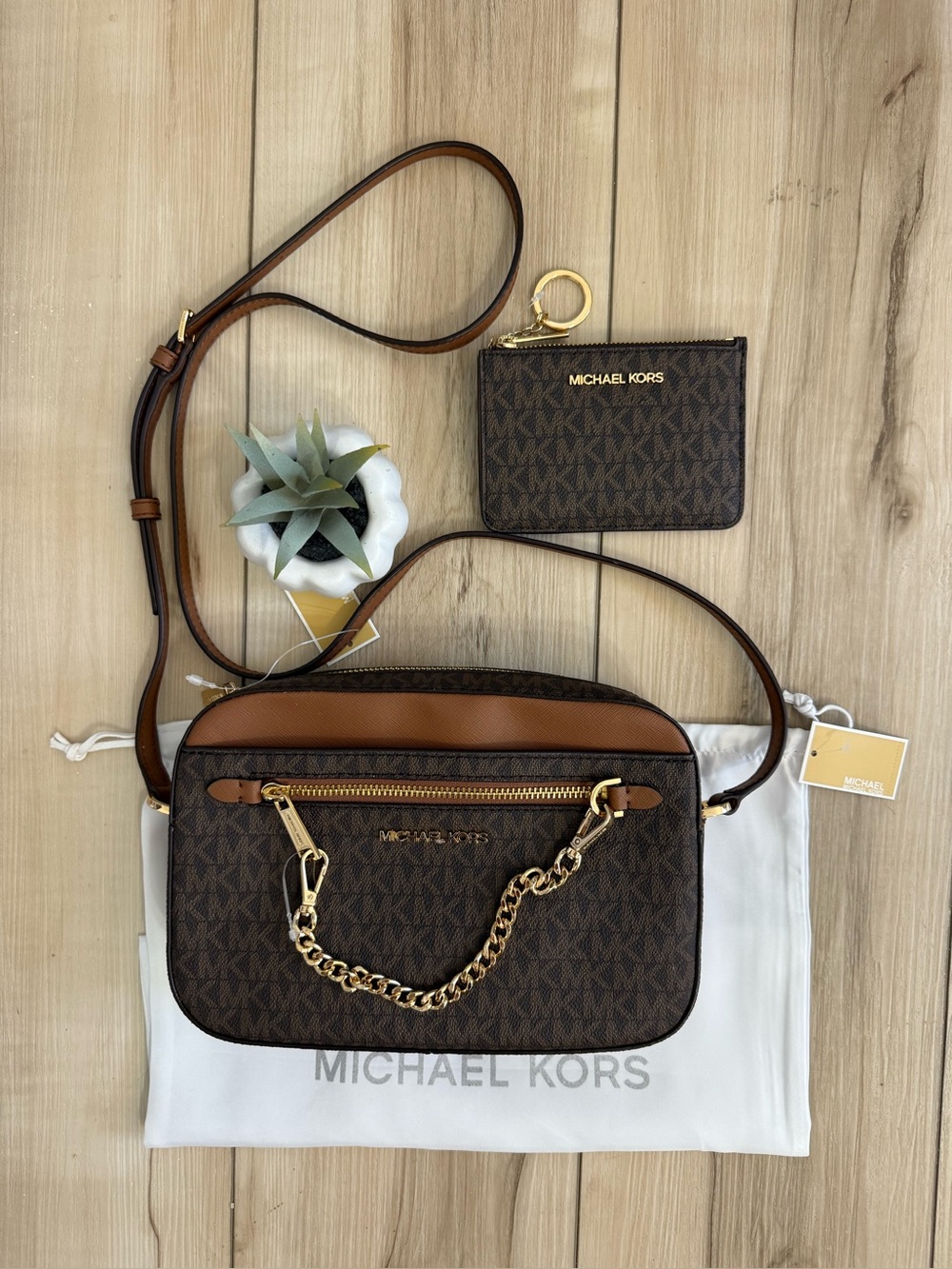 3pcs MICHAEL KORS Chain Crossbody Bag, Zip Coinpouch & Dust Bag NWT - Brown MK